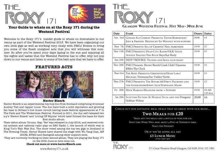 Pages 1 and 2 of the Roxy 171 publication for the Westend Festival
